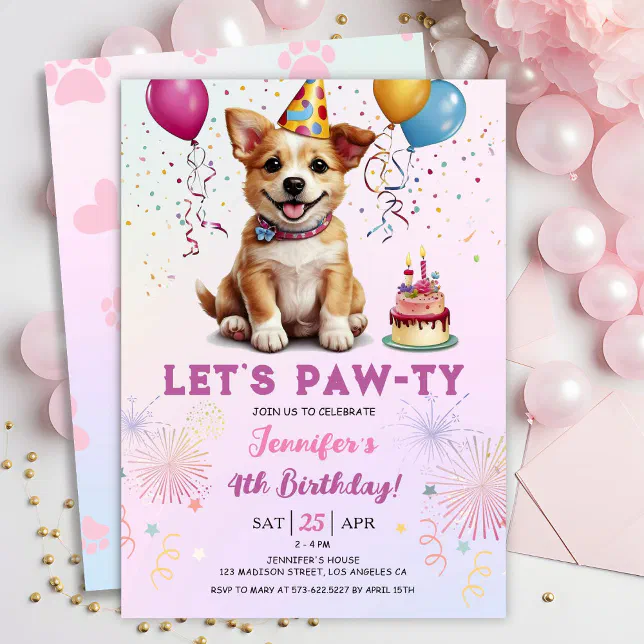 Lets Pawty 4th Birthday Dog Puppy Girl Party Invitation | Zazzle