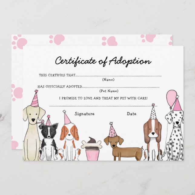 Lets Pawty Adoption Certificate Dog birthday card (Front/Back)
