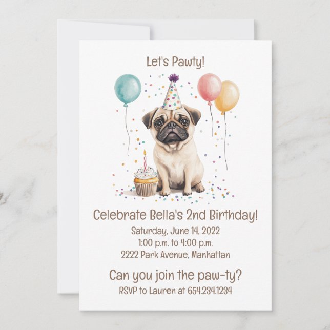Let's Pawty Birthday Pug Dogs Cupcake Invitation (Front)