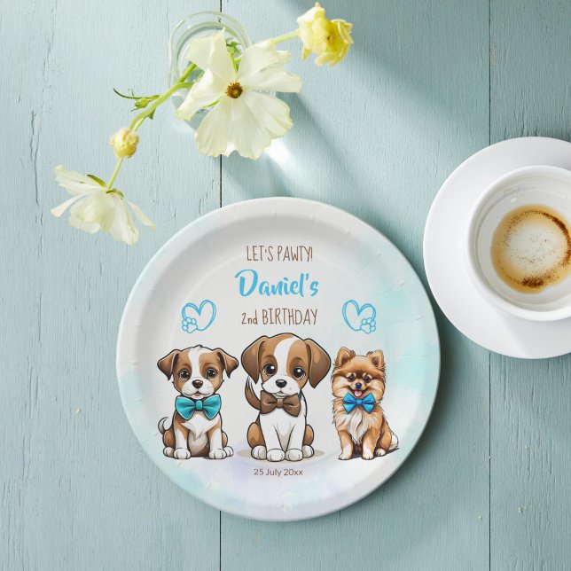 Let's pawty blue cute puppies birthday printed paper plate (Let's pawty brown blue cute puppies birthday party printed paper plates personalized table decor)