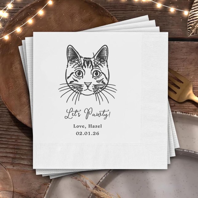 Let's Pawty Custom Cat Drawn Cocktail Wedding Napkin (Creator Uploaded)