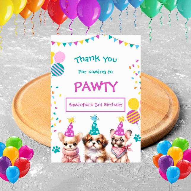 Let's Pawty Cut Puppy Girl Birthday Thank You Card (Creator Uploaded)