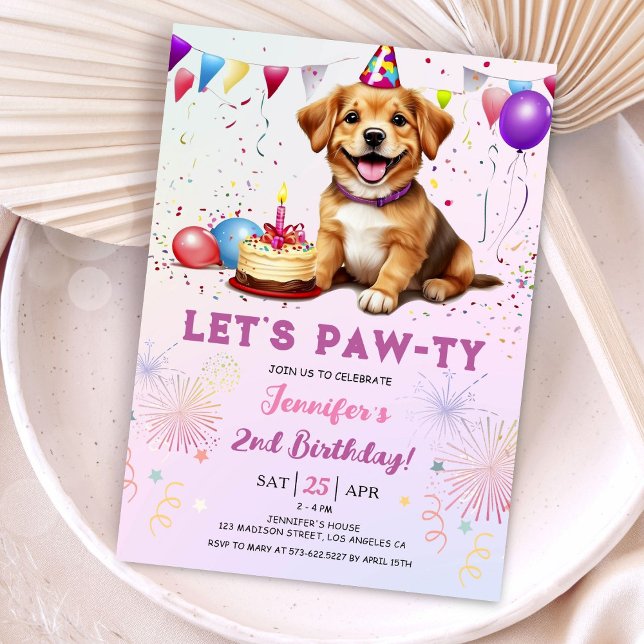 Lets Pawty Dog Birthday Party Girl 2nd Birthday Invitation (Creator Uploaded)