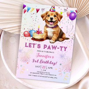 Lets Pawty Dog Birthday Party Girl 3rd Birthday Invitation