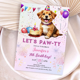 Lets Pawty Dog Birthday Party Girl 7th Birthday Invitation