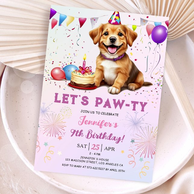 Lets Pawty Dog Birthday Party Girl 9th Birthday Invitation (Creator Uploaded)