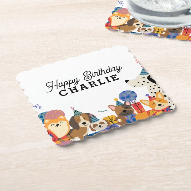Lets Pawty Dog Puppy Birthday Party Paper Coaster (Angled)