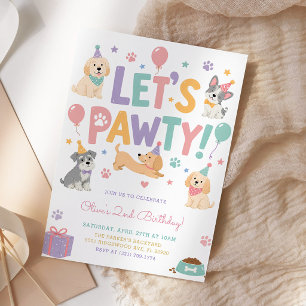 Let's Pawty Dog Puppy Theme Girl Birthday Party Invitation