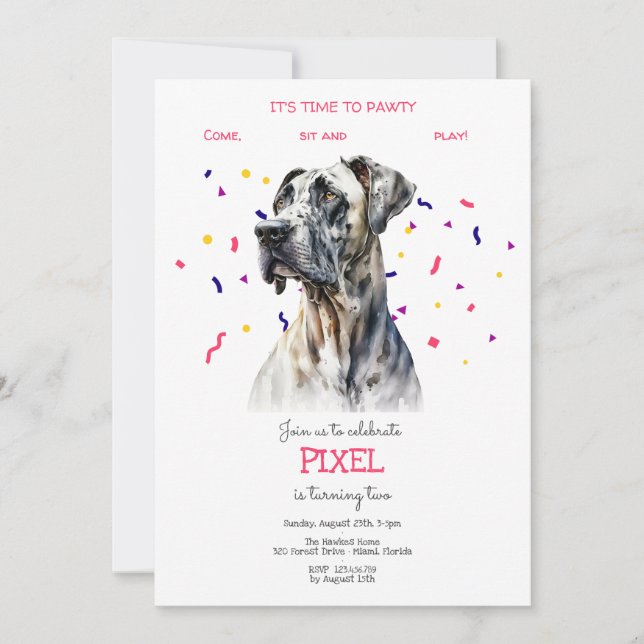 Let's pawty, dog's birthday party invitation (Front)