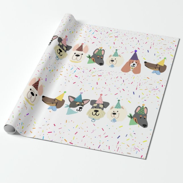 Let's Pawty, Party Dogs Confetti Birthday  Wrapping Paper (Unrolled)
