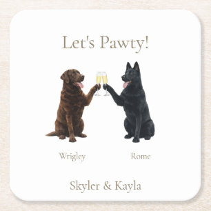 Let's Pawty! Personalised 2 Pets Toasting Wedding Square Paper Coaster