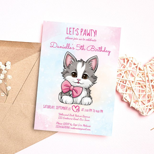 Let's pawty pink cute kitten cat birthday invitation (Let's pawty pink cute kitten cat themed birthday party invitation editable template digital download)