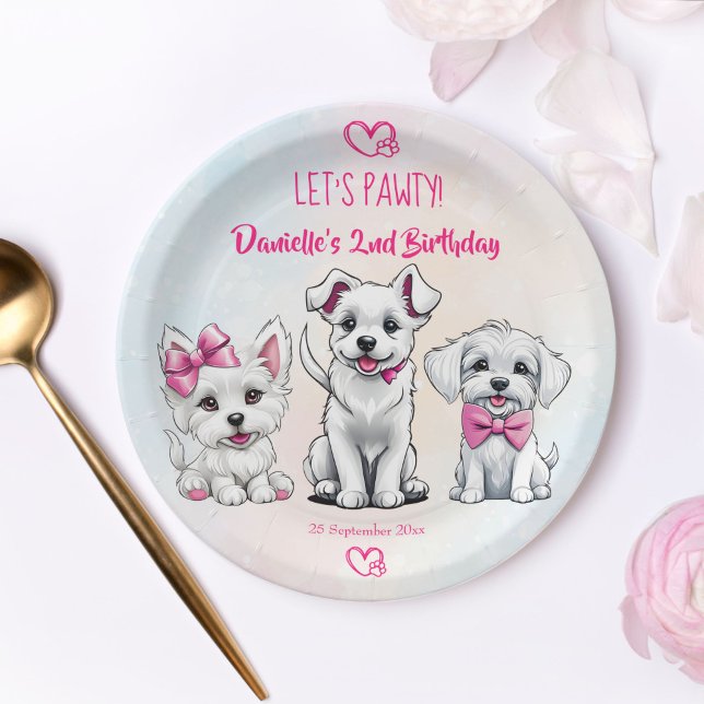 Let's pawty pink cute puppies birthday printed paper plate (Let's pawty cute puppies pink bows birthday printed paper plates personalized plates table decor)