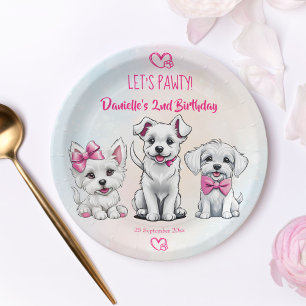 Let's pawty pink cute puppies birthday printed paper plate