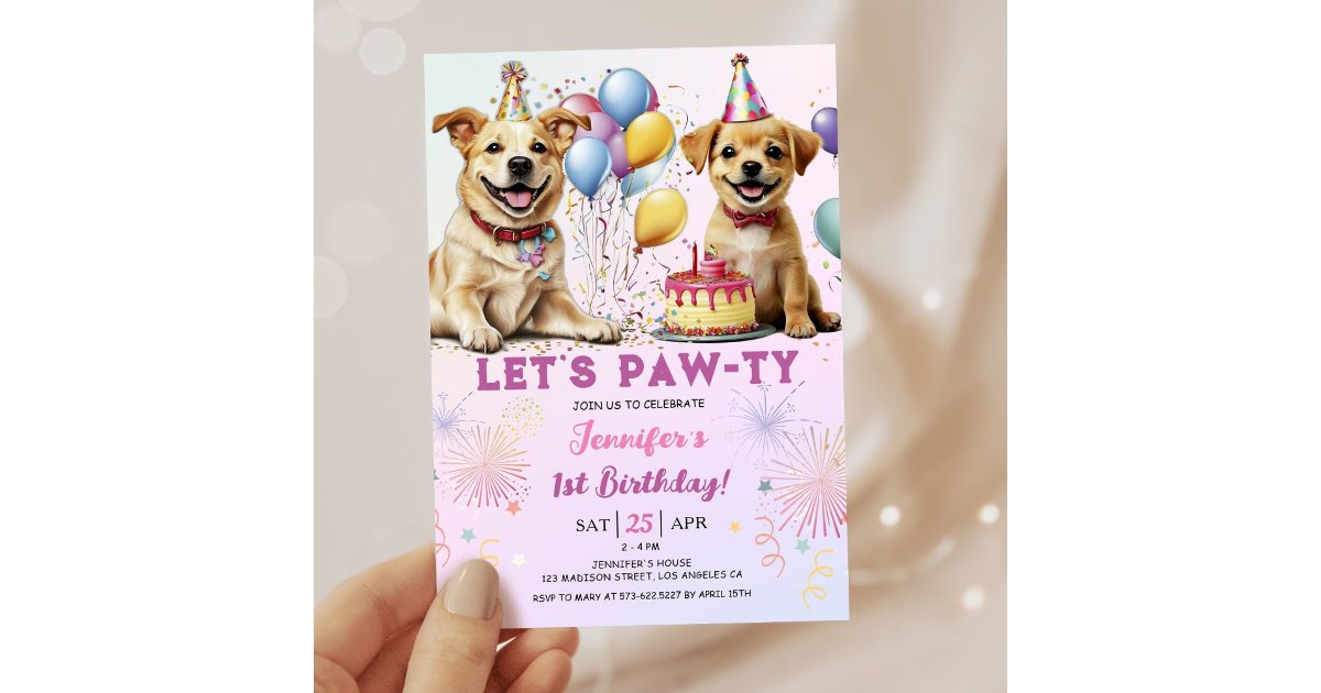 Lets Pawty Puppy Birthday Party Girl 1st Birthday Invitation | Zazzle