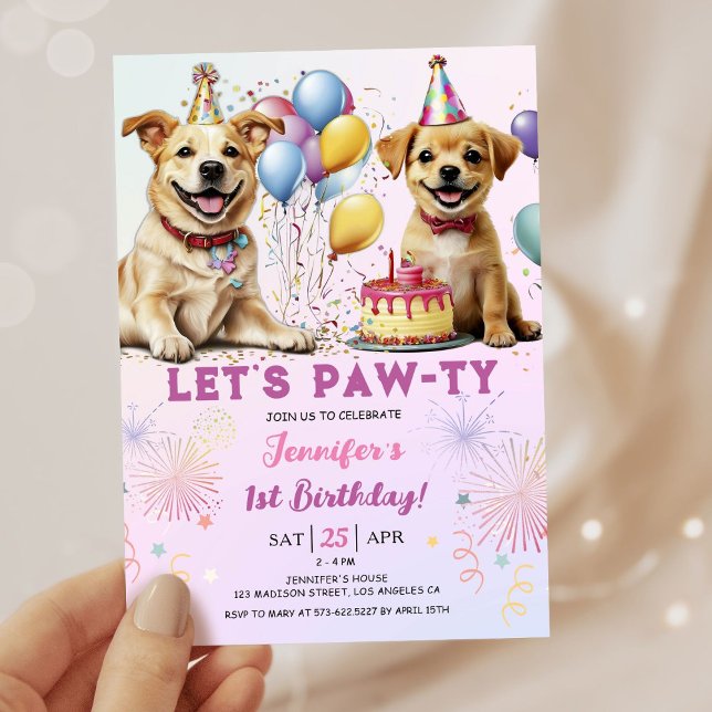 Lets Pawty Puppy Birthday Party Girl 1st Birthday Invitation (Creator Uploaded)