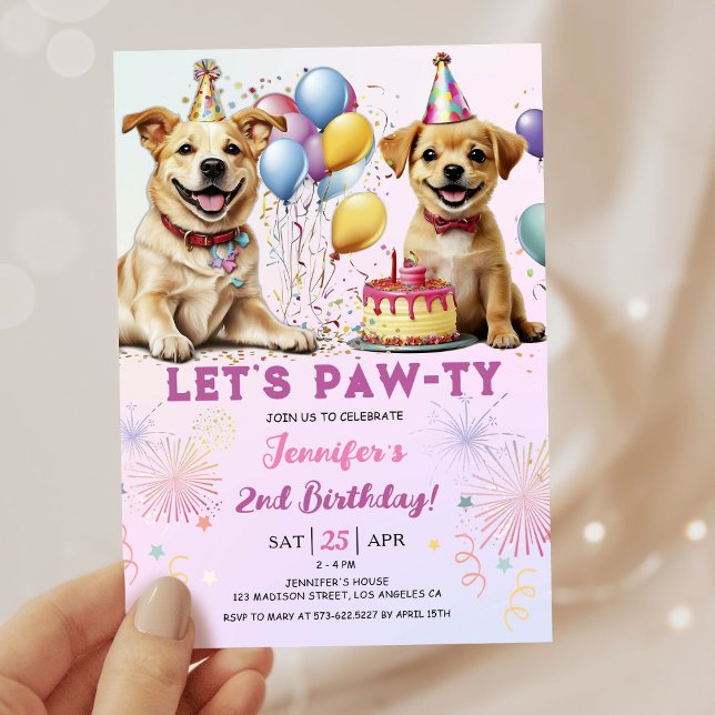 Lets Pawty Puppy Birthday Party Girl 2nd Birthday Invitation (Creator Uploaded)