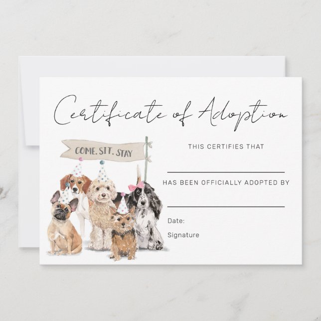 Let's Pawty Puppy Dog Adoption Certificate Card (Front)
