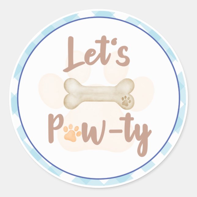 Let's Pawty Puppy Dog Birthday Sticker Blue Plaid (Front)