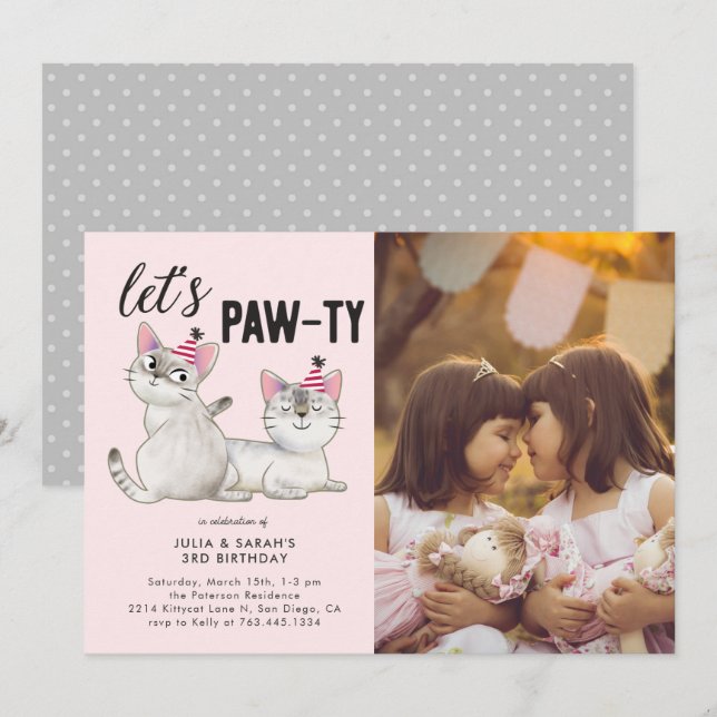 Lets Pawty | Twins Joint Birthday Party Photo Invitation (Front/Back)