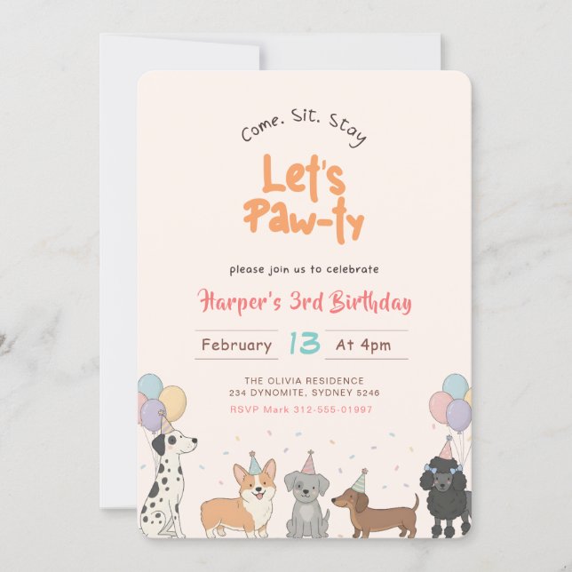 Lets Pawty Watercolor Cute Puppy Dog Pet Birthday Invitation (Front)