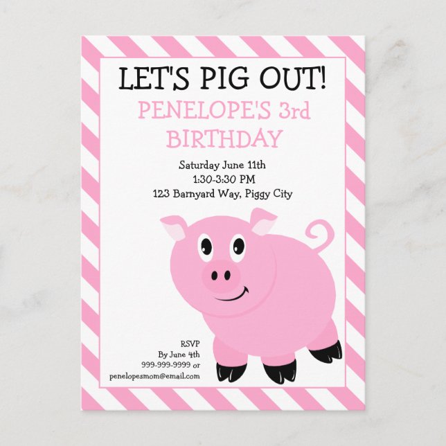 Let's Pig Out Birthday Party Postcard Invitation (Front)