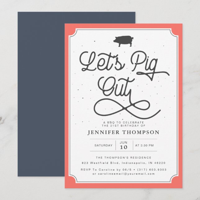 Let's Pig Out Coral Navy BBQ Birthday Party Invitation (Front/Back)