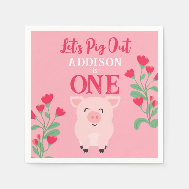 Let's Pig Out Farm Animal Floral Girls Birthday Napkin (Front)