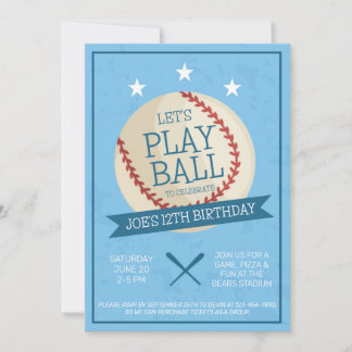 Let's Play Ball Blue Baseball Birthday Invitation