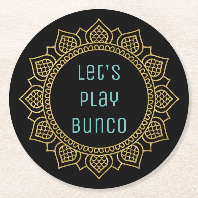 Let's Play Bunco Girls Night Out Party Gold Black Round Paper Coaster (Front)