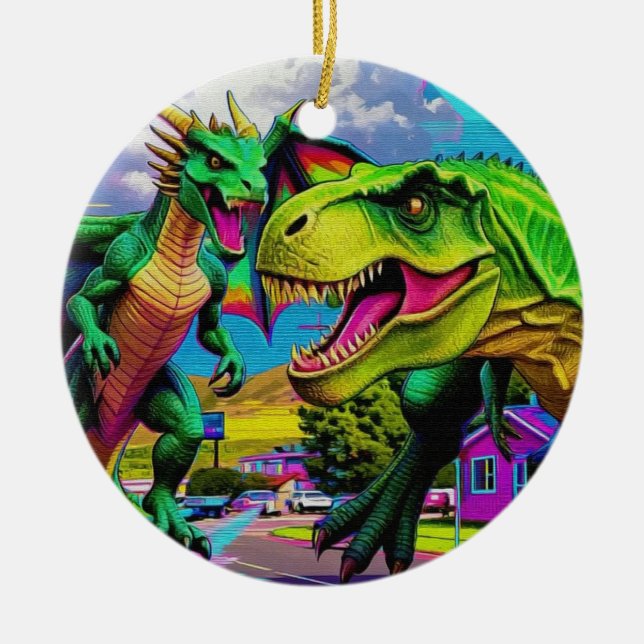 Lets Play - Green Dragon and Dinosaur Ceramic Ornament (Front)