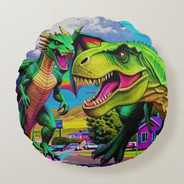 Lets Play - Green Dragon and Dinosaur Round Cushion (Front)
