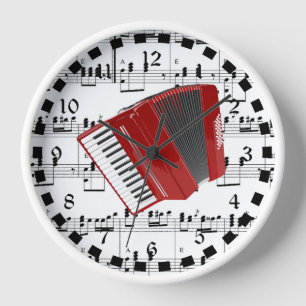 Let's Polka, red accordion on sheet music Clock