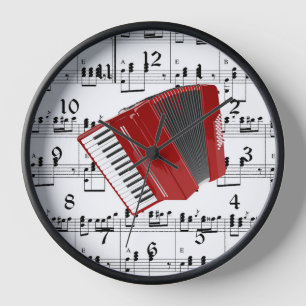 Let's Polka, red accordion on sheet music Clock