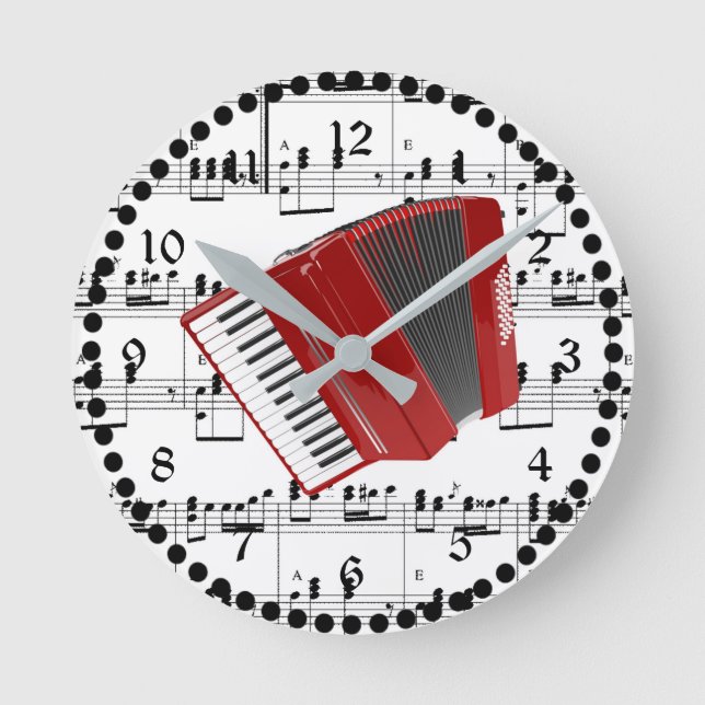Let's Polka, red accordion on sheet music Round Clock (Front)