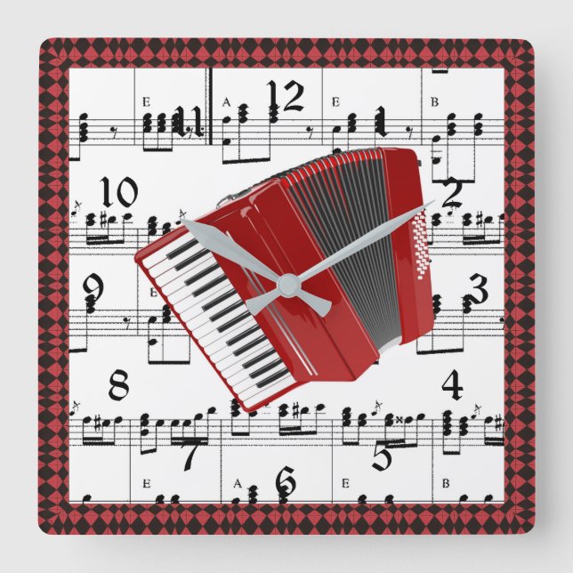 Let's Polka, red accordion on sheet music Square Wall Clock (Front)