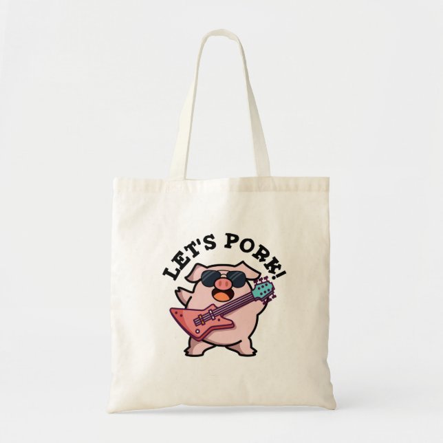 Let's Pork Funny Rock Guitar Pig Pun Tote Bag (Front)