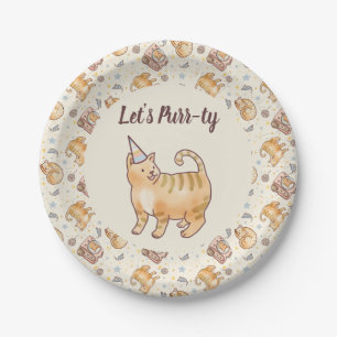 Let's Purr-ty, Fat Orange Watercolor Cat Birthday Paper Plate