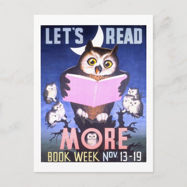 "Let's Read More" Owl Book Week Postcard (Front)