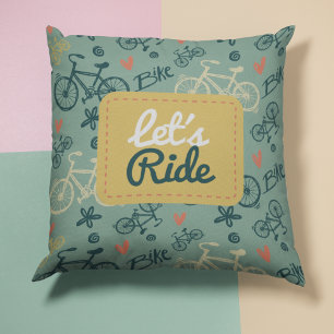 Let's Ride Modern Green Bicycle Pattern Cushion