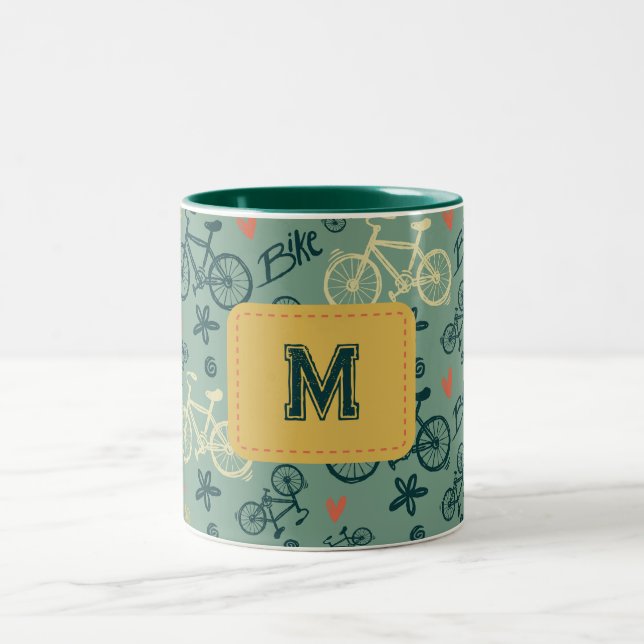 Let's Ride Modern Green Bicycle Pattern Two-Tone Coffee Mug (Center)