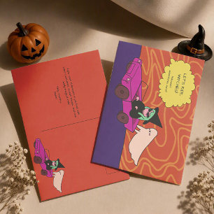 Let's Ride, Witches! Cute Ghost & Witch Halloween Postcard