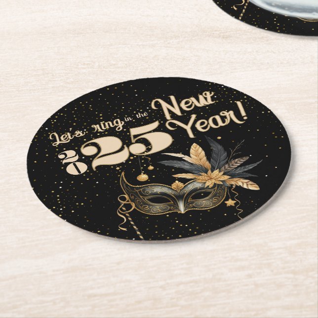 Let's ring the New Year party Glamourous Black Round Paper Coaster (Angled)