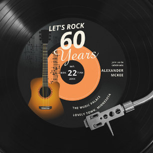 Let's Rock 60 Years Guitar Vintage Record Birthday Invitation