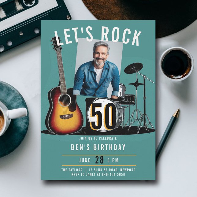 Let's Rock Guitar Drums Men 50th Birthday Photo Invitation (music fest rock ticket 50th birthday party photo invitation men modern classy fun blue teal orange)