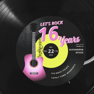 Let's Rock Hot Pink Yellow Guitar Music Sweet 16 Invitation
