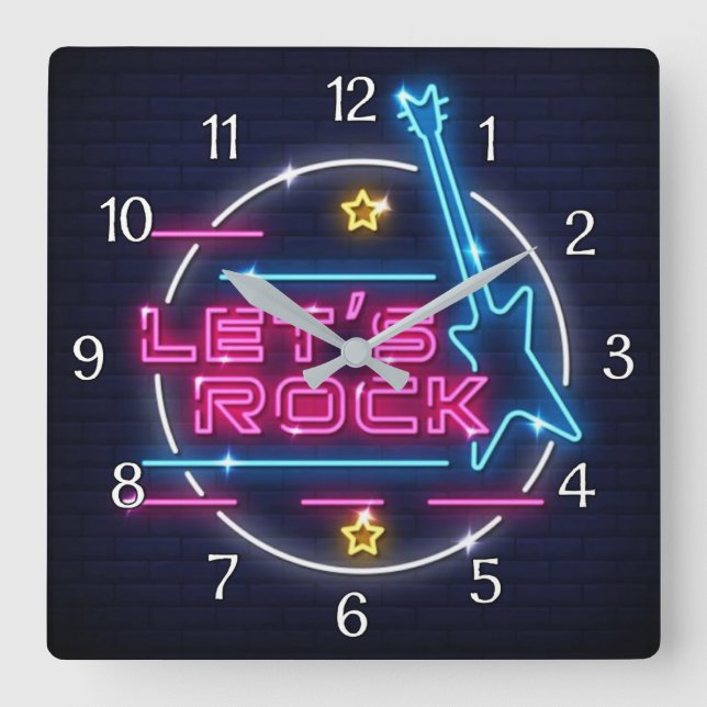 Let's Rock Retro Neon Square Wall Clock (Front)