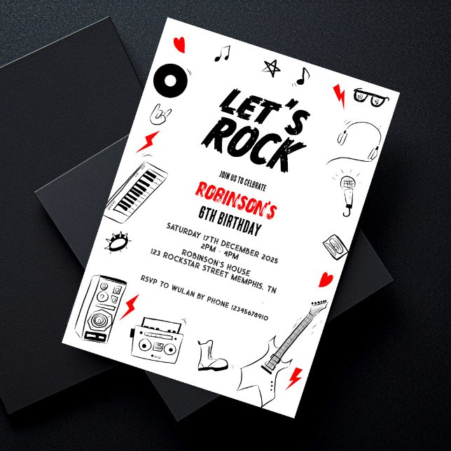 Let's Rock white and black Rock and Roll birthday Invitation (Creator Uploaded)