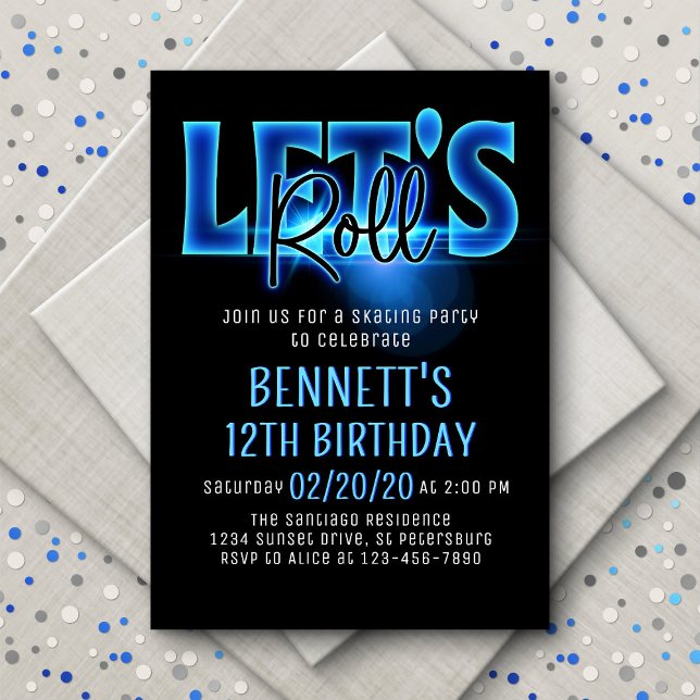 Let's Roll Blue Neon Skating Birthday Invitation (Creator Uploaded)