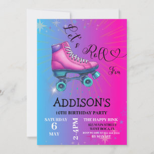 Let's Roll For , Retro Roller Skating Birthday  Invitation